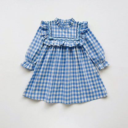Arrival Autumn Girls Plaid Pattern Long Sleeves Ruffle Neck Dress