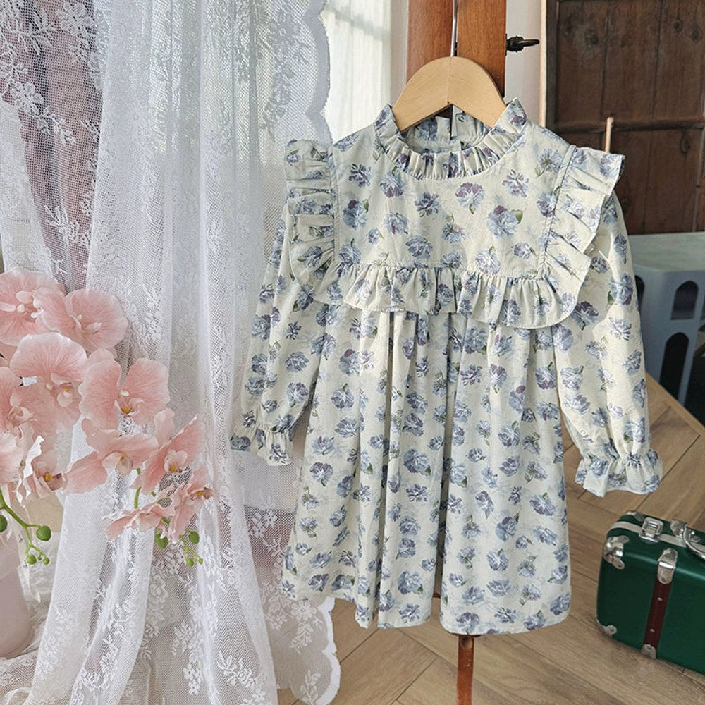 MyKids-USA® Girls Vintage Floral Pattern Long Sleeves Ruffle Neck Dress