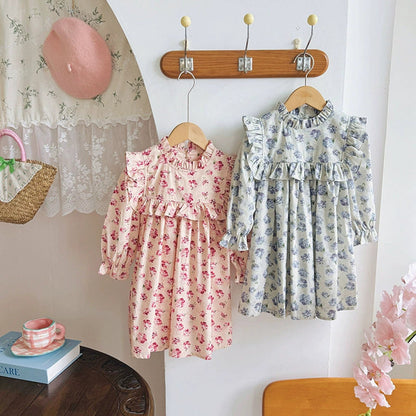 MyKids-USA® Girls Vintage Floral Pattern Long Sleeves Ruffle Neck Dress