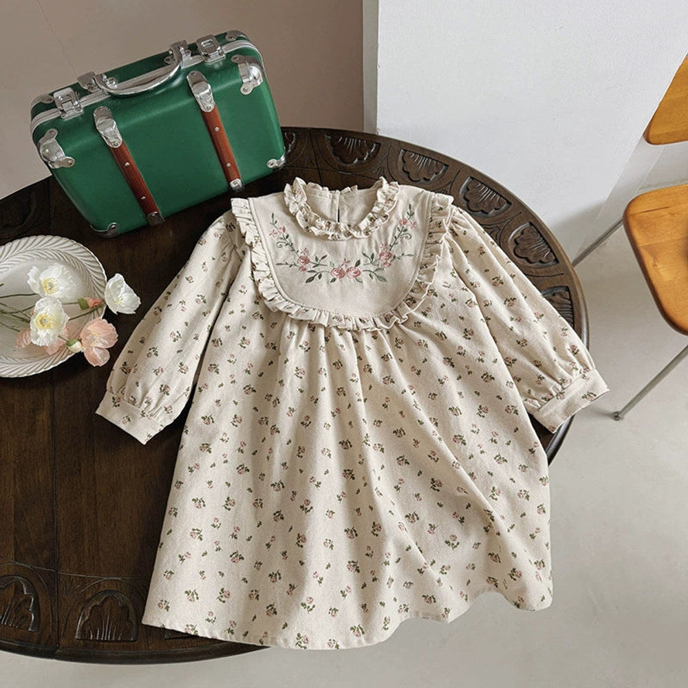Arrival Autumn Girls Flowers Embroidery and Printed Pattern Long Sleeves Dress