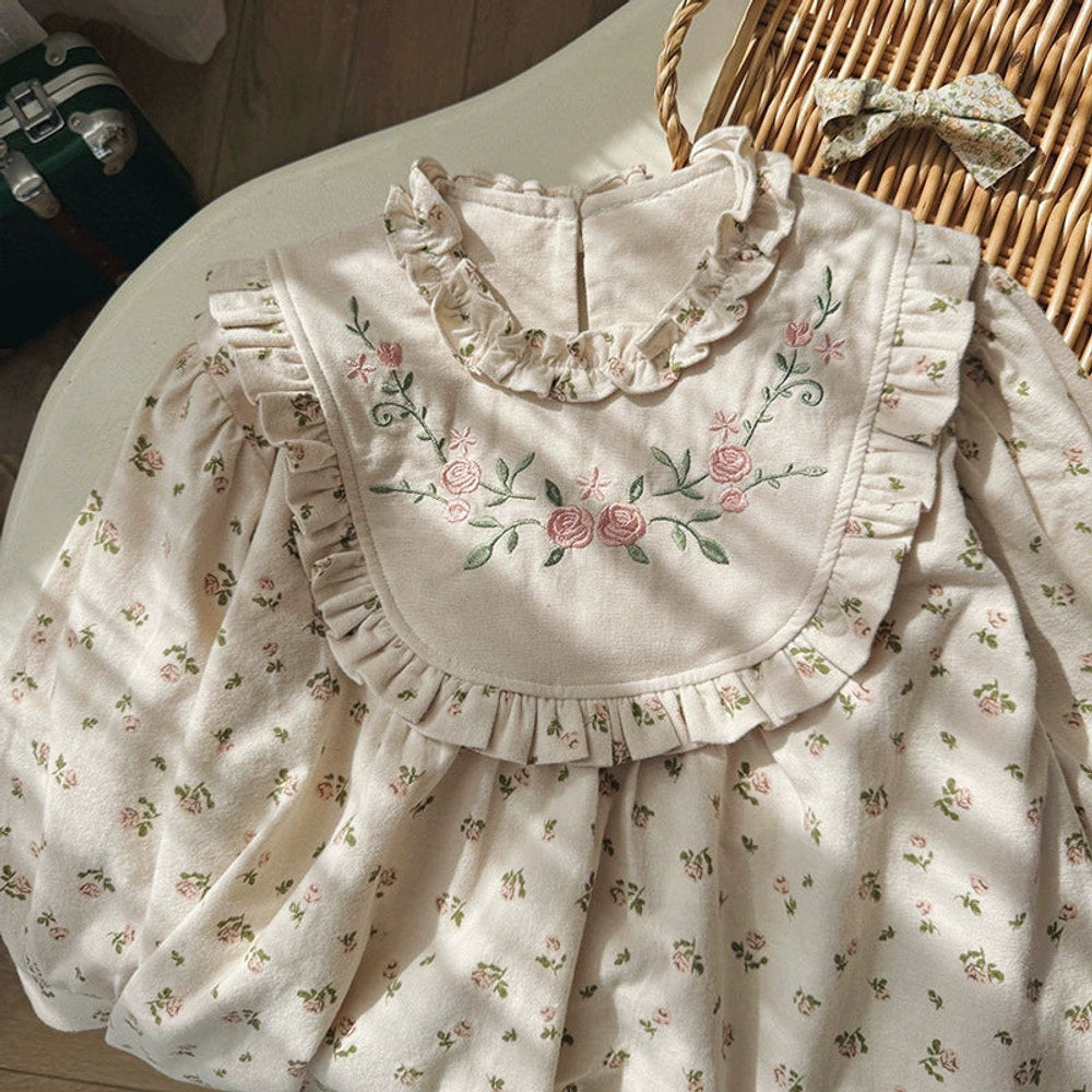 Arrival Autumn Girls Flowers Embroidery and Printed Pattern Long Sleeves Dress