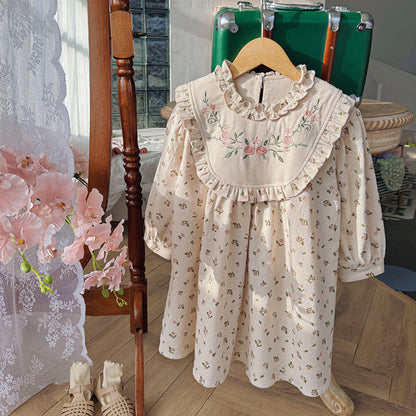 Arrival Autumn Girls Flowers Embroidery and Printed Pattern Long Sleeves Dress