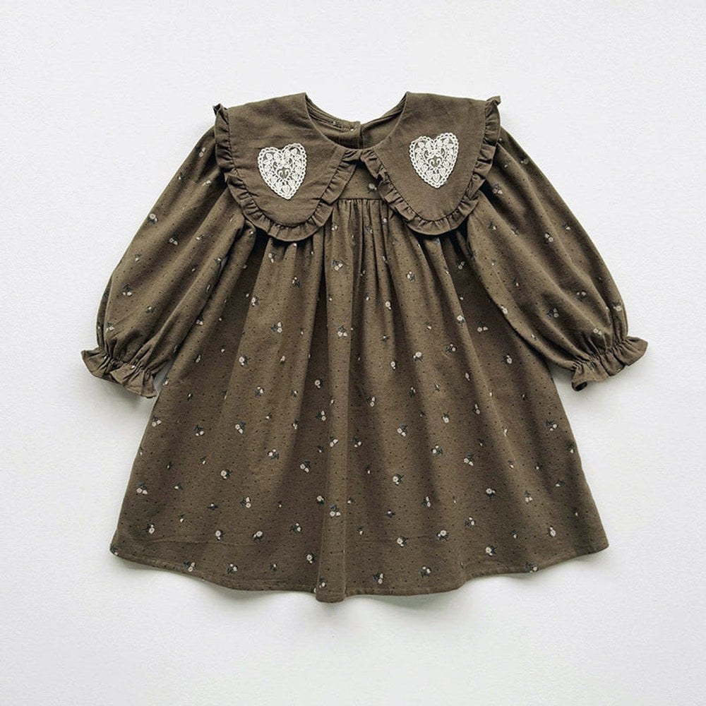 MyKids-USA® Girls Hearts Embroidery and Floral Printed Pattern Long Sleeves Dress