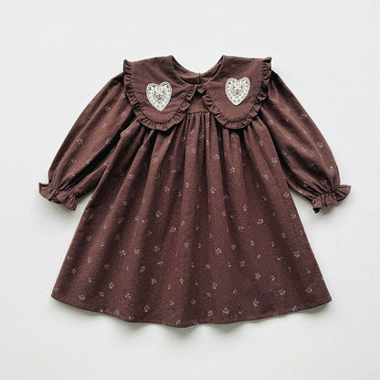 MyKids-USA® Girls Hearts Embroidery and Floral Printed Pattern Long Sleeves Dress