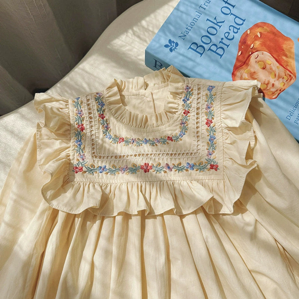 MyKids-USA® Arrival Autumn Girls Flowers Embroidery Pattern Long Sleeves Ruffle Neck Dress