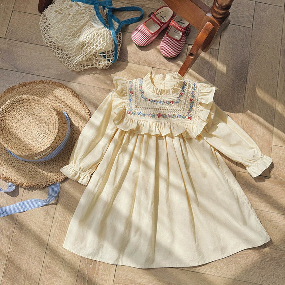 MyKids-USA® Arrival Autumn Girls Flowers Embroidery Pattern Long Sleeves Ruffle Neck Dress