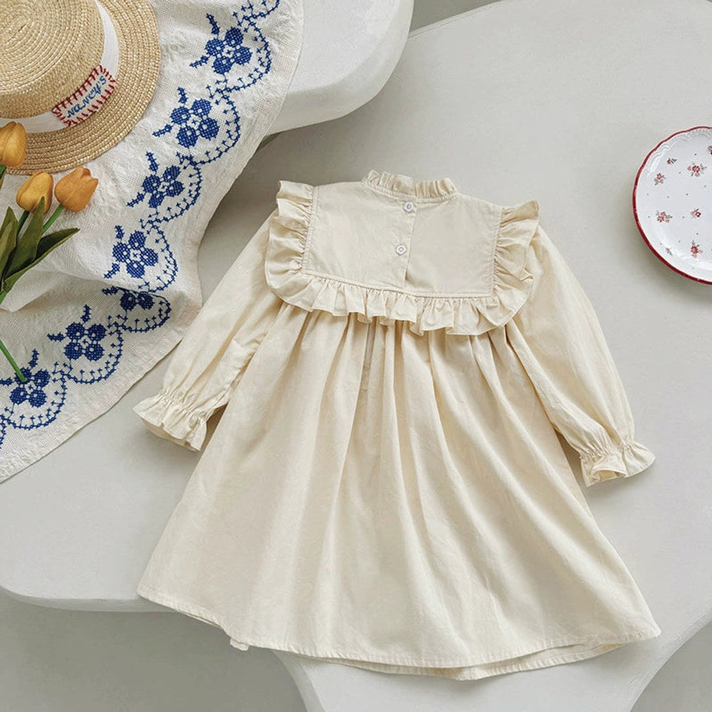 MyKids-USA® Arrival Autumn Girls Flowers Embroidery Pattern Long Sleeves Ruffle Neck Dress