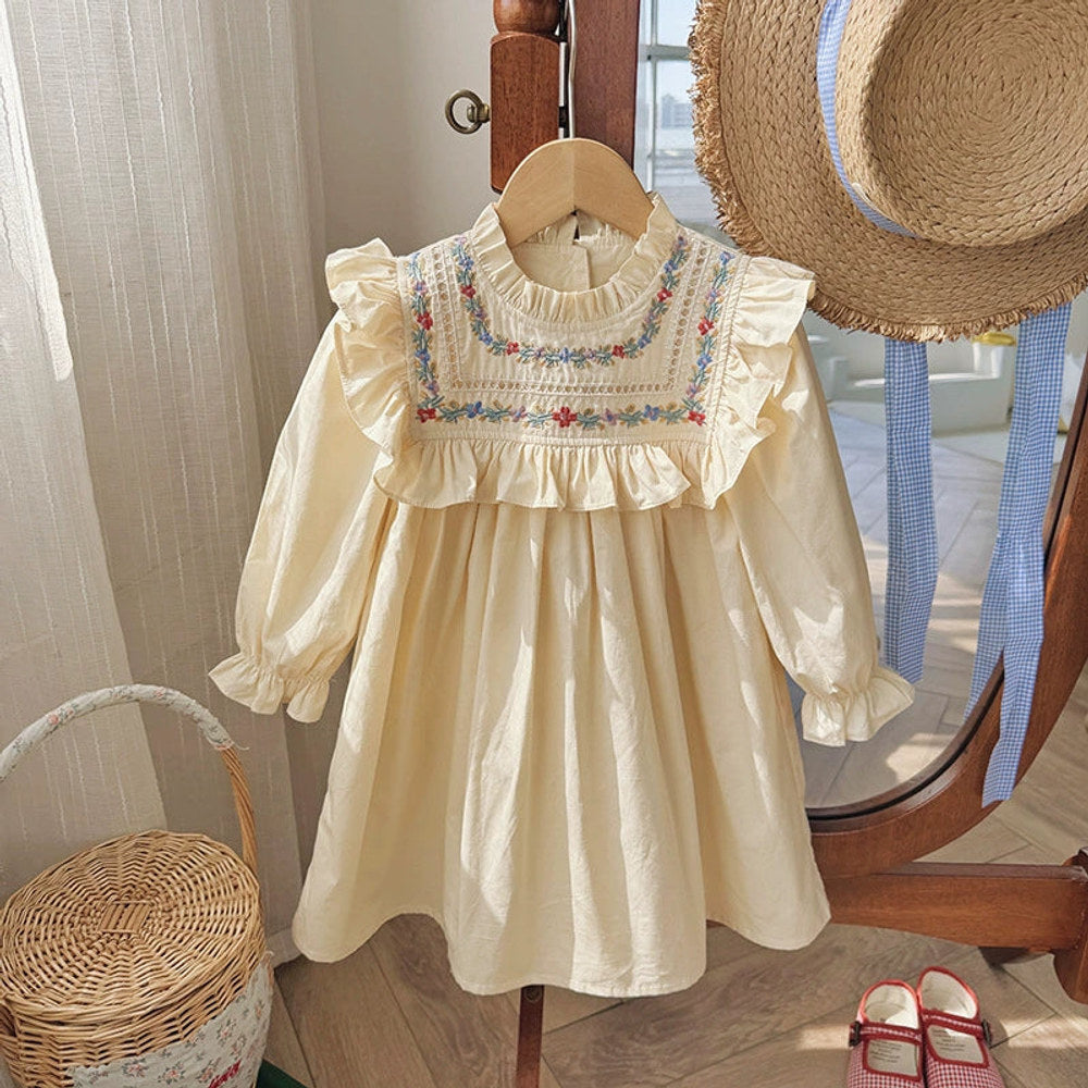 MyKids-USA® Arrival Autumn Girls Flowers Embroidery Pattern Long Sleeves Ruffle Neck Dress
