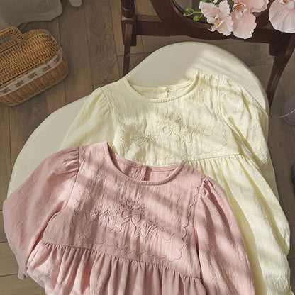 MyKids-USA® Girls Flowers and Butterfly-bow Embroidery Pattern Long Sleeves Crew Neck Dress