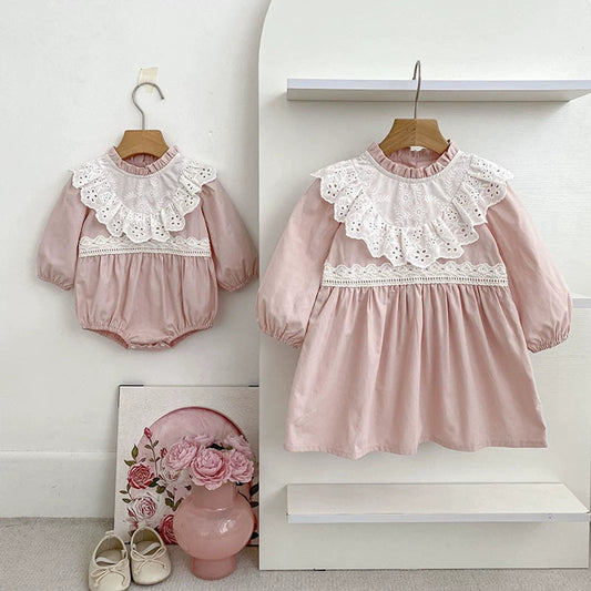 MyKids-USA® Baby Girls Flowers Pattern Color Patchwork Long-sleeved bodysuit and Dress – Princess Sister Matching Set