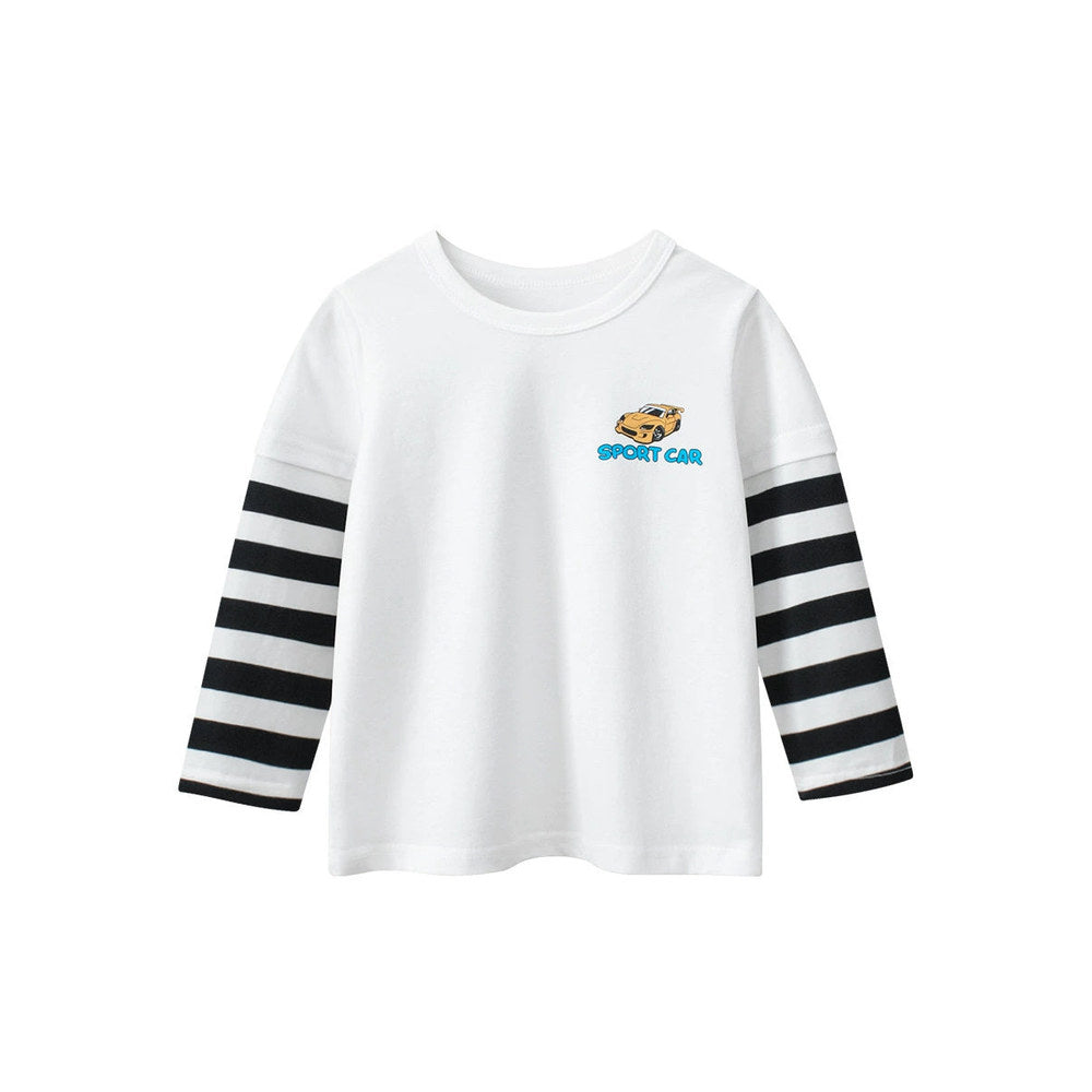 MyKids-USA® Baby Kids Boys Letters and Cartoon Print Striped Long Sleeves Crew Neck Color Patchwork Top Shirt