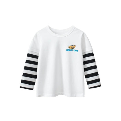 MyKids-USA® Baby Kids Boys Letters and Cartoon Print Striped Long Sleeves Crew Neck Color Patchwork Top Shirt