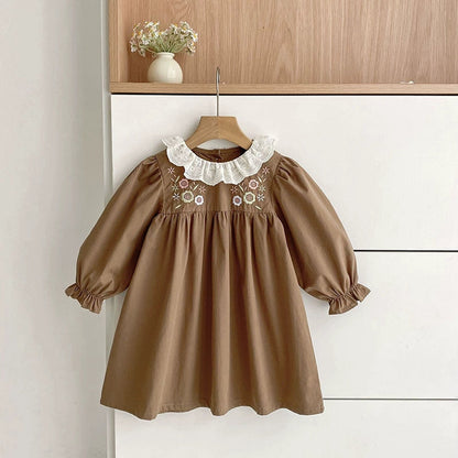 MyKids-USA® Girls Flowers Embroidery Pattern Long Sleeves Dress with Collar