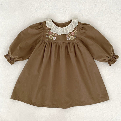 MyKids-USA® Girls Flowers Embroidery Pattern Long Sleeves Dress with Collar