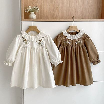 MyKids-USA® Girls Flowers Embroidery Pattern Long Sleeves Dress with Collar