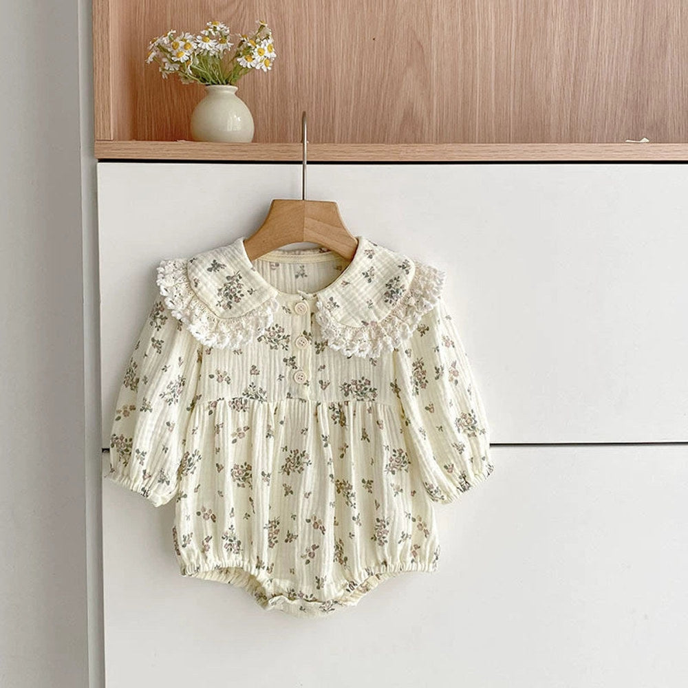 MyKids-USA® Baby Girls Flowers Pattern Long-sleeved bodysuit or Dress – Princess Sister Matching with Collar