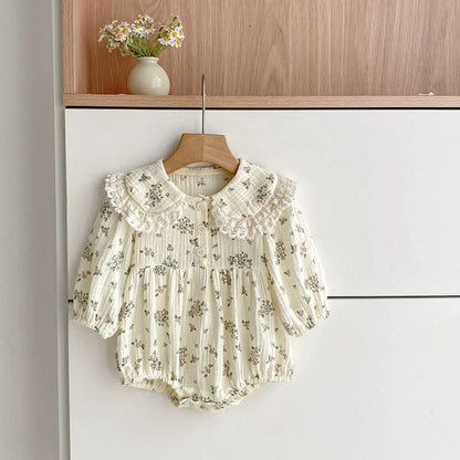 MyKids-USA® Baby Girls Flowers Pattern Long-sleeved bodysuit or Dress – Princess Sister Matching with Collar