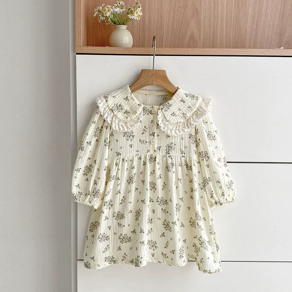 MyKids-USA® Baby Girls Flowers Pattern Long-sleeved bodysuit or Dress – Princess Sister Matching with Collar