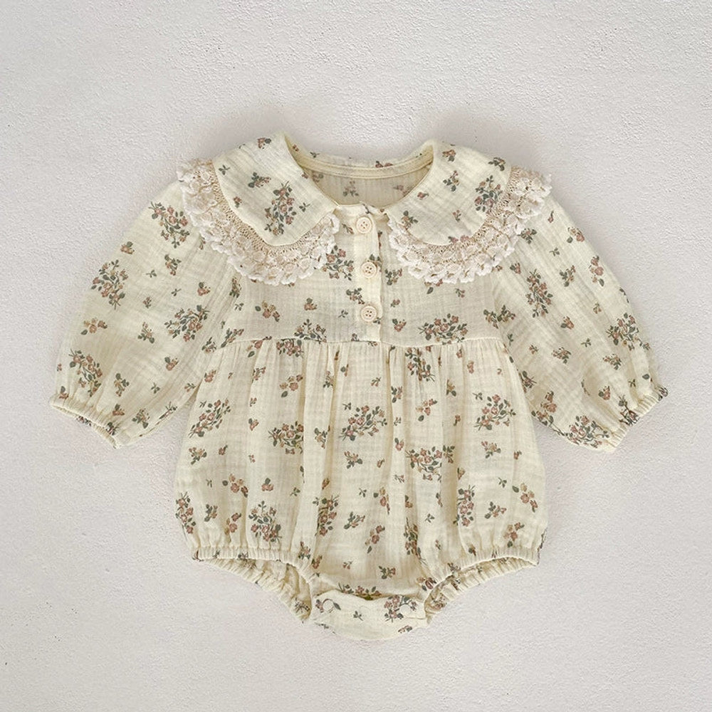 MyKids-USA® Baby Girls Flowers Pattern Long-sleeved bodysuit or Dress – Princess Sister Matching with Collar