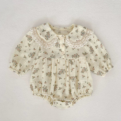 MyKids-USA® Baby Girls Flowers Pattern Long-sleeved bodysuit or Dress – Princess Sister Matching with Collar