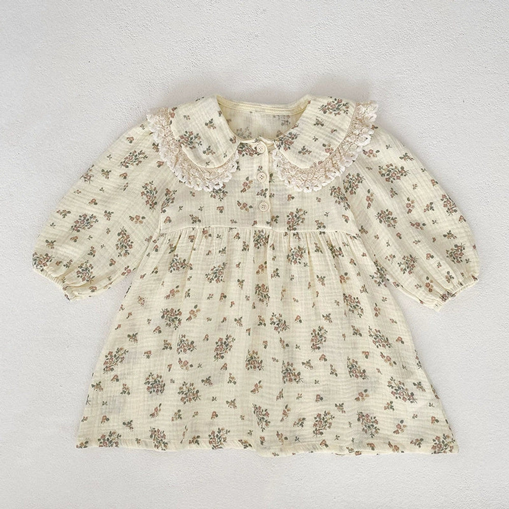 MyKids-USA® Baby Girls Flowers Pattern Long-sleeved bodysuit or Dress – Princess Sister Matching with Collar