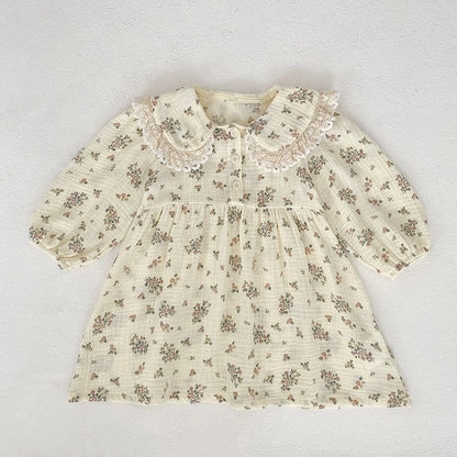MyKids-USA® Baby Girls Flowers Pattern Long-sleeved bodysuit or Dress – Princess Sister Matching with Collar