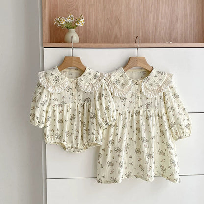 MyKids-USA® Baby Girls Flowers Pattern Long-sleeved bodysuit or Dress – Princess Sister Matching with Collar