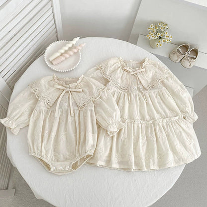 MyKids-USA® Baby Girls Flowers Pattern Long-sleeved bodysuit or Dress – Princess Sister Matching with Collar