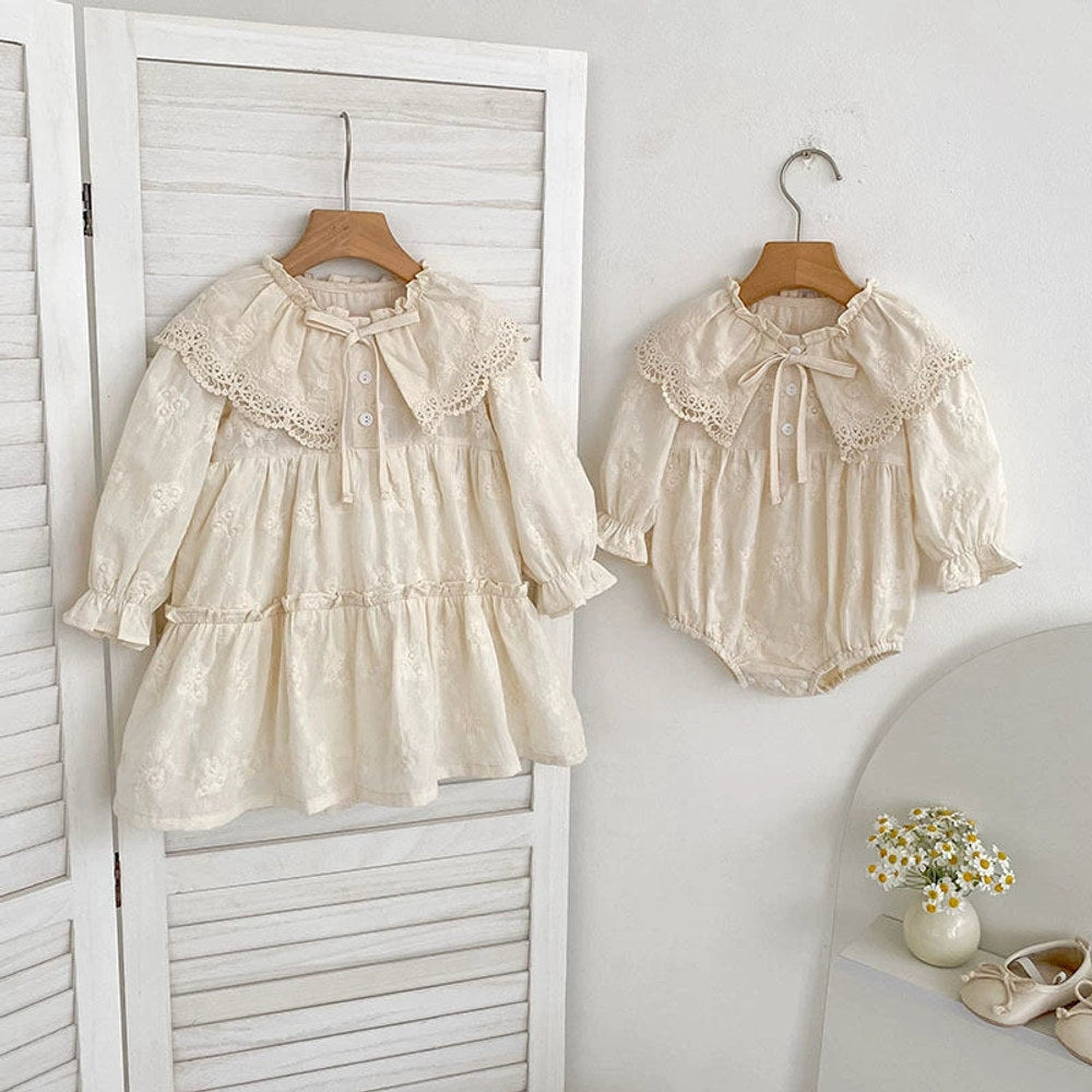 MyKids-USA® Baby Girls Flowers Pattern Long-sleeved bodysuit or Dress – Princess Sister Matching with Collar