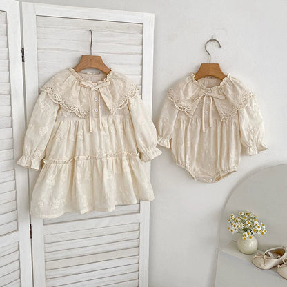 MyKids-USA® Baby Girls Flowers Pattern Long-sleeved bodysuit or Dress – Princess Sister Matching with Collar