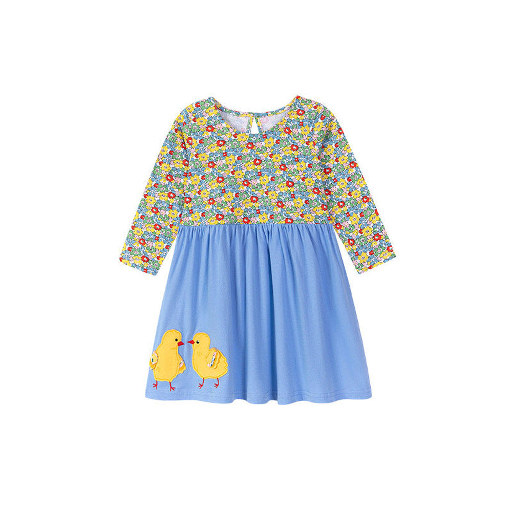 MyKids-USA® Animals Cartoon and Floral Pattern Long Sleeves Color Patchwork Dress for Stylish Girls