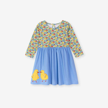 MyKids-USA® Animals Cartoon and Floral Pattern Long Sleeves Color Patchwork Dress for Stylish Girls