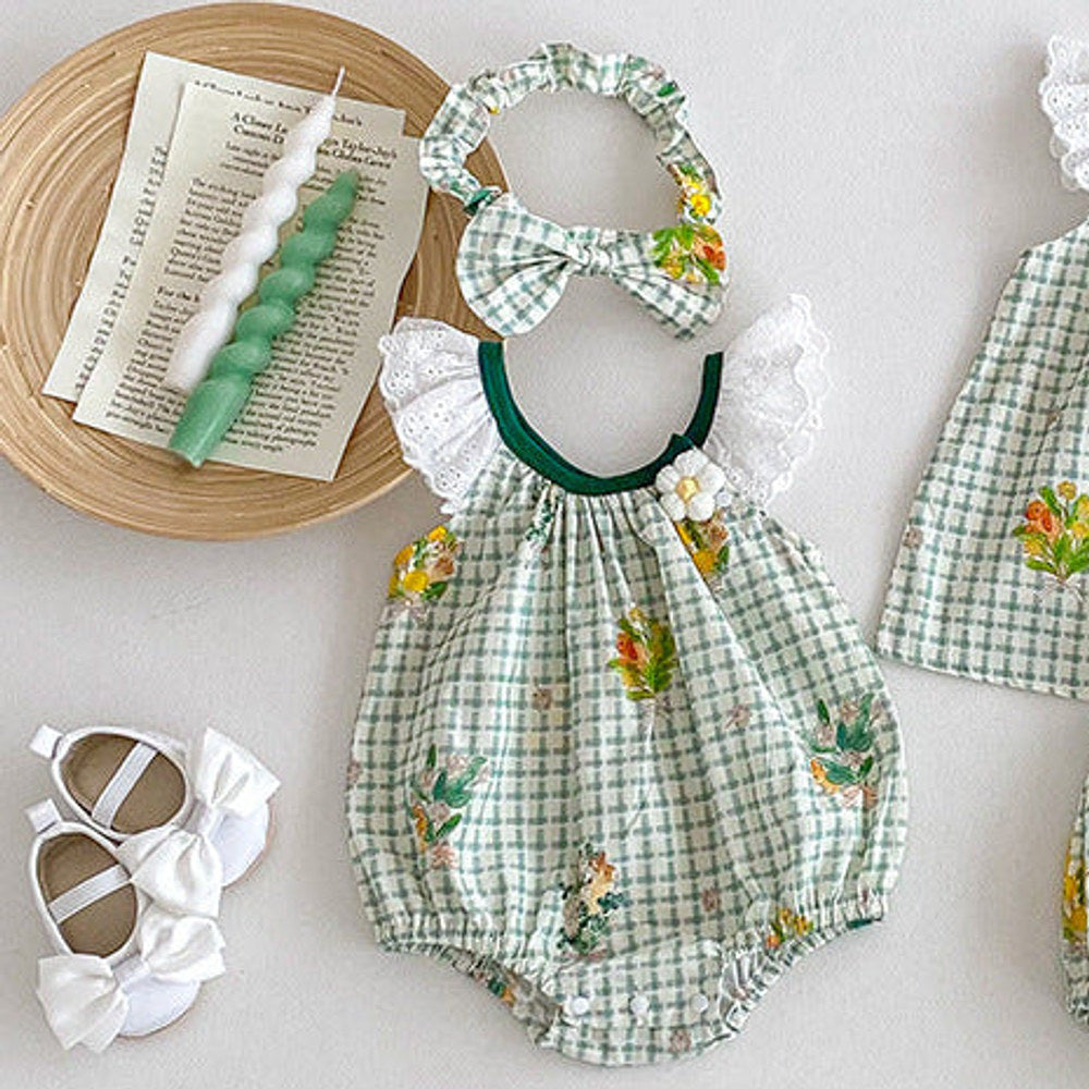 MyKids-USA® Girls Plaid And Flowers Pattern Sleeveless Hollow Out Lace Strap bodysuit