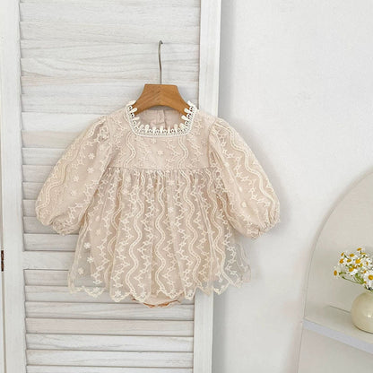 MyKids-USA® Baby Girls Flowers and Geometric Embroidered Pattern Long-sleeved Tulle bodysuit or Dress – Princess Sister Matching