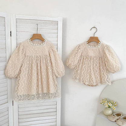 MyKids-USA® Baby Girls Flowers and Geometric Embroidered Pattern Long-sleeved Tulle bodysuit or Dress – Princess Sister Matching