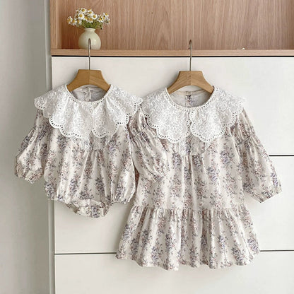 MyKids-USA® Baby Girls Flowers Pattern Long-sleeved bodysuit and Dress – Princess Sister Matching Set