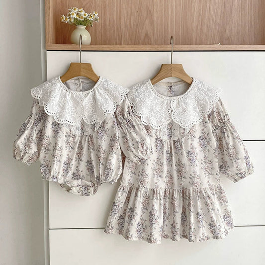 MyKids-USA® Baby Girls Flowers Pattern Long-sleeved bodysuit and Dress – Princess Sister Matching Set