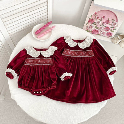 MyKids-USA® Baby Girls Long-sleeved bodysuit or Dress – Princess Sister Matching with Hollow-out Collar