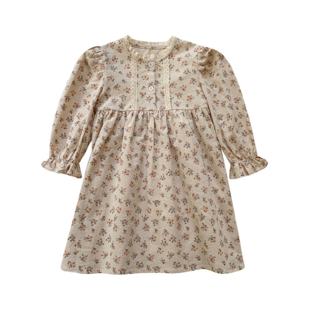 Arrival Autumn Girls Vintage Flowers Pattern Long Sleeves Lace Trim Crew Neck Dress