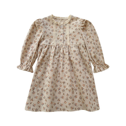 Arrival Autumn Girls Vintage Flowers Pattern Long Sleeves Lace Trim Crew Neck Dress