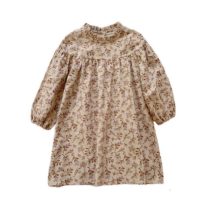 MyKids-USA® Girls Vintage Flowers Pattern Long Sleeves Ruffle Neck Dress