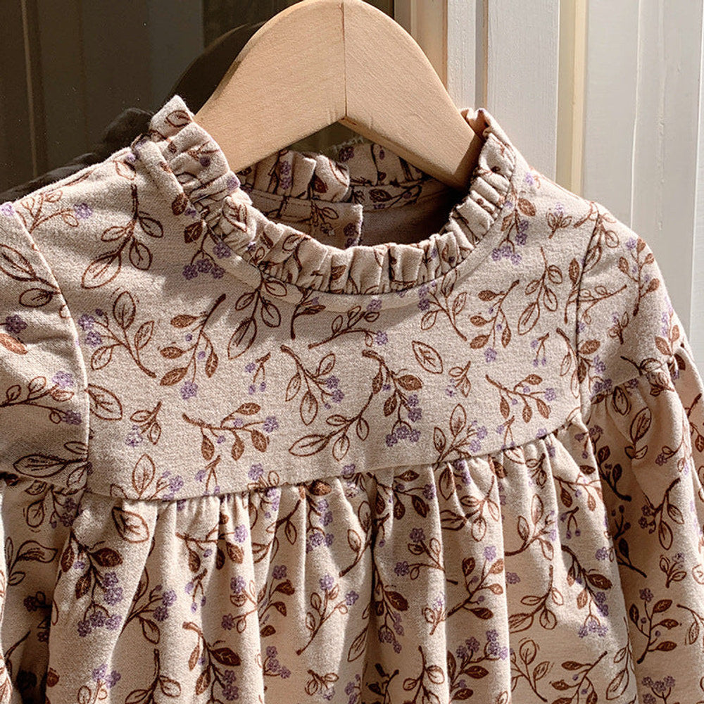 MyKids-USA® Girls Vintage Flowers Pattern Long Sleeves Ruffle Neck Dress