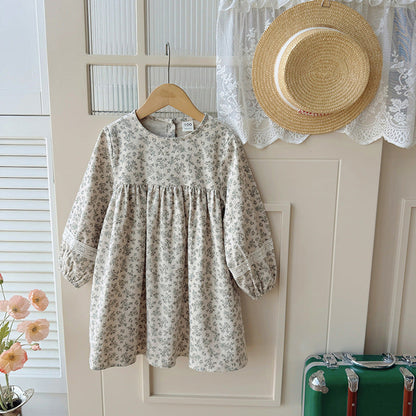MyKids-USA® Girls Cute Flowers and Lace Embroidery Pattern Long Sleeves Crew Neck Dress