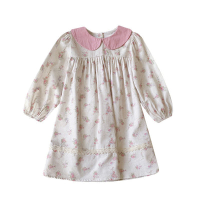 Arrival Autumn Girls Cute Flowers Pattern Long Sleeves Dress with Peter Pan Collar