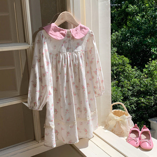MyKids-USA® Arrival Autumn Girls Cute Flowers Pattern Long Sleeves Dress with Peter Pan Collar