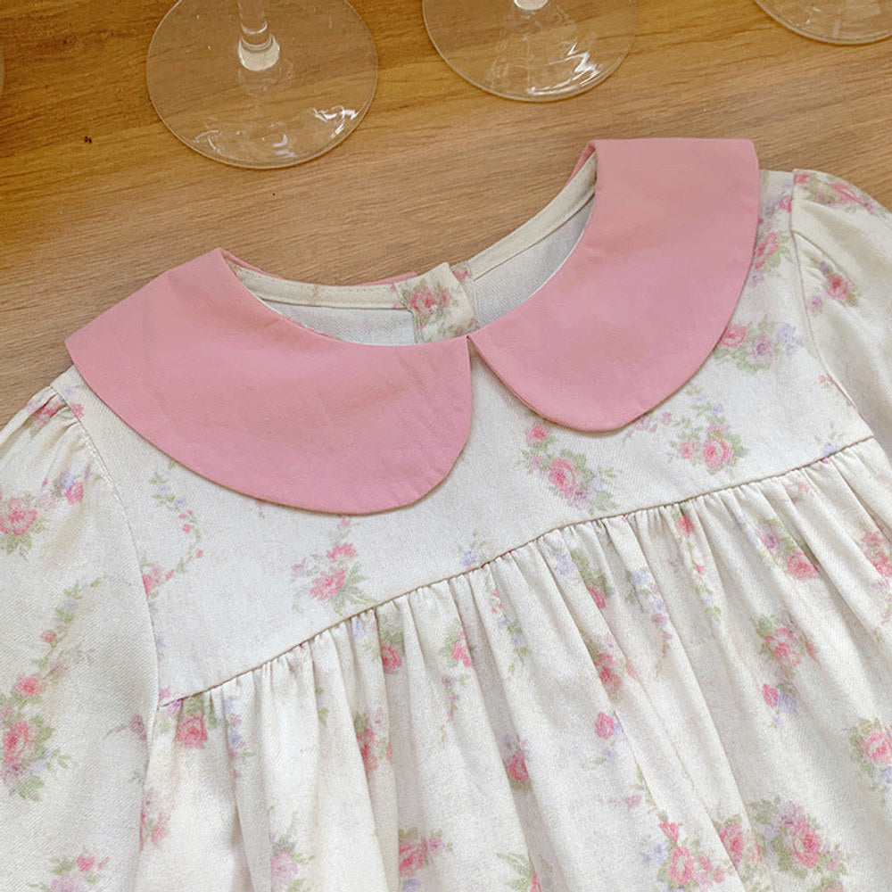 Arrival Autumn Girls Cute Flowers Pattern Long Sleeves Dress with Peter Pan Collar