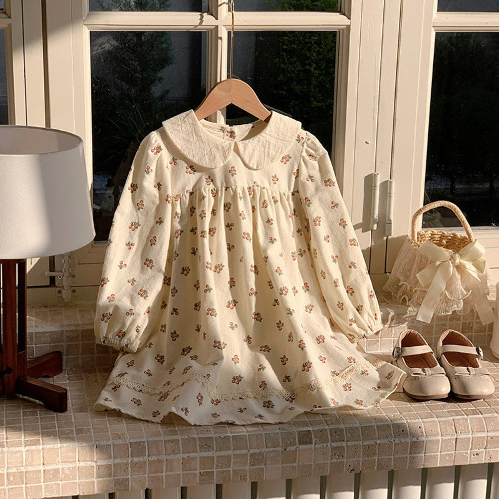 MyKids-USA® Girls Cute Cherry Pattern Long Sleeves Dress with Peter Pan Collar