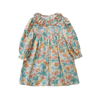 MyKids-USA® Girls Cute Colorful Flowers Painting Pattern Long Sleeves Dress with Ruffle Collar