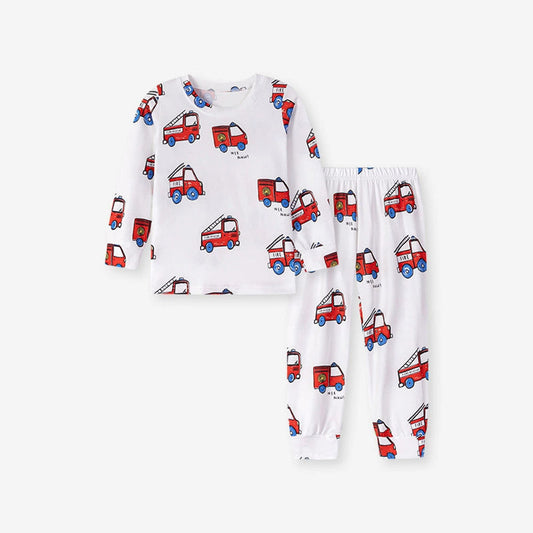 Fire Truck Kids Pajama Set – Long Sleeve Shirt and Pants, Cartoon Firefighter Design