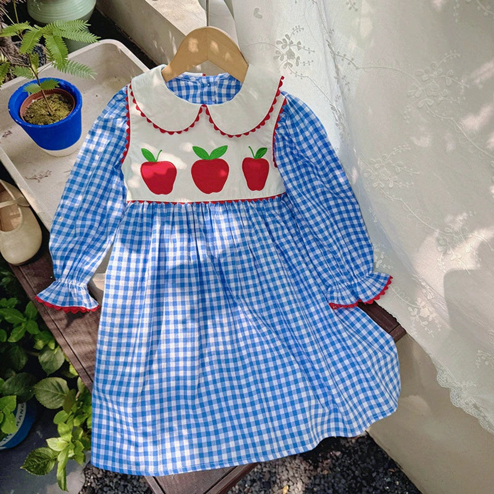 MyKids-USA® Girls Apples and Plaid Pattern Long Sleeves Dress